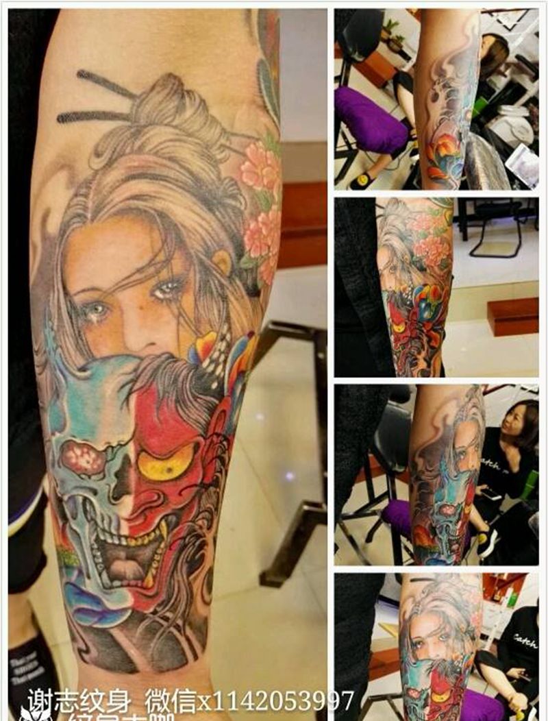 艺妓与般若纹身图片_手臂传统人物鬼神宗教原创成品纹身图案