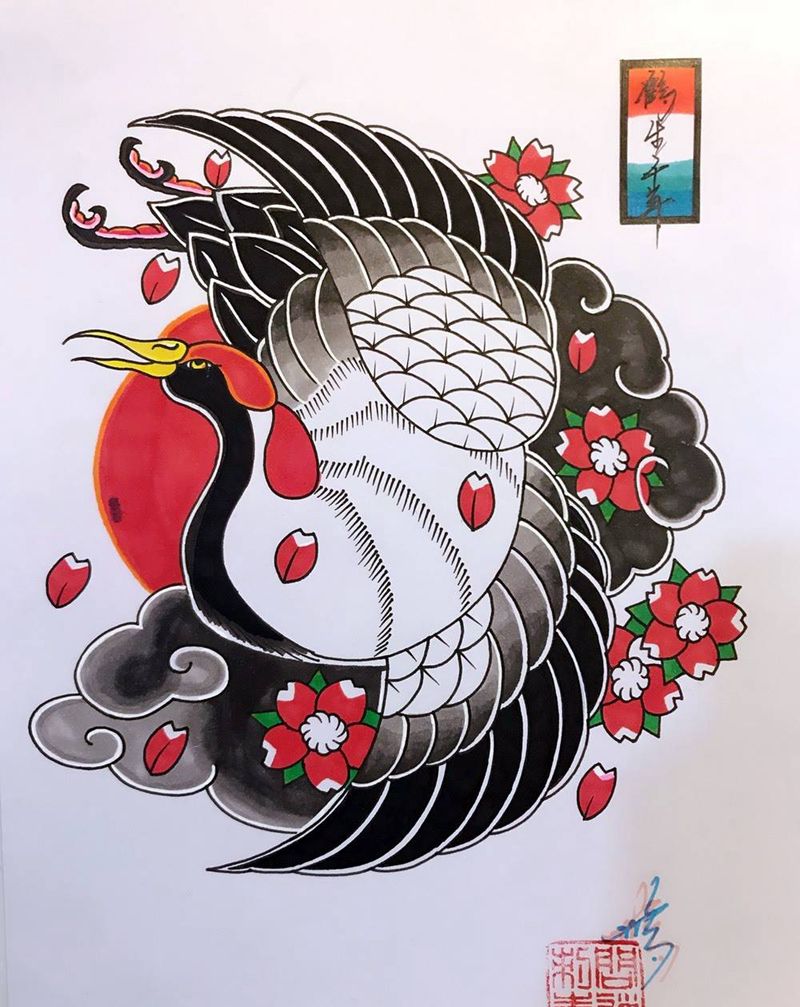 鹤生千年纹身图片_手稿手臂腿部传统清新习俗腹部动物日式纹身图案