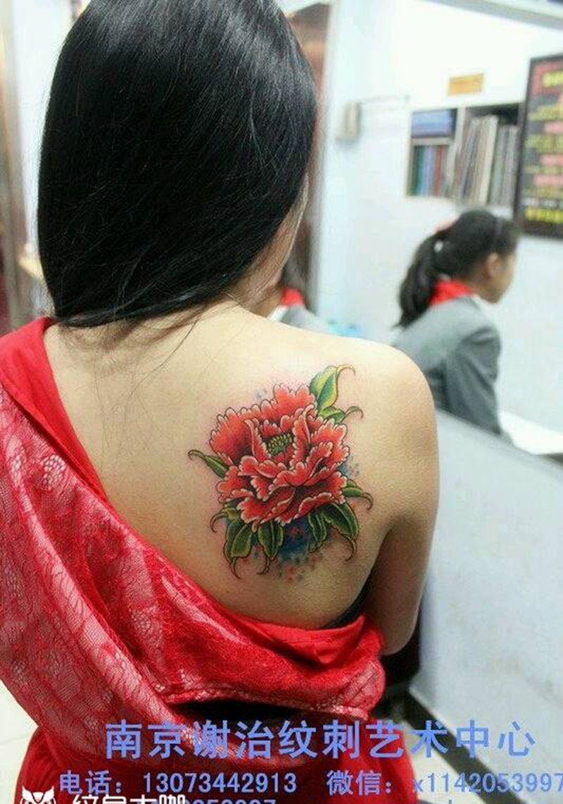 牡丹纹身图片_背部传统清新植物静物原创成品纹身图案
