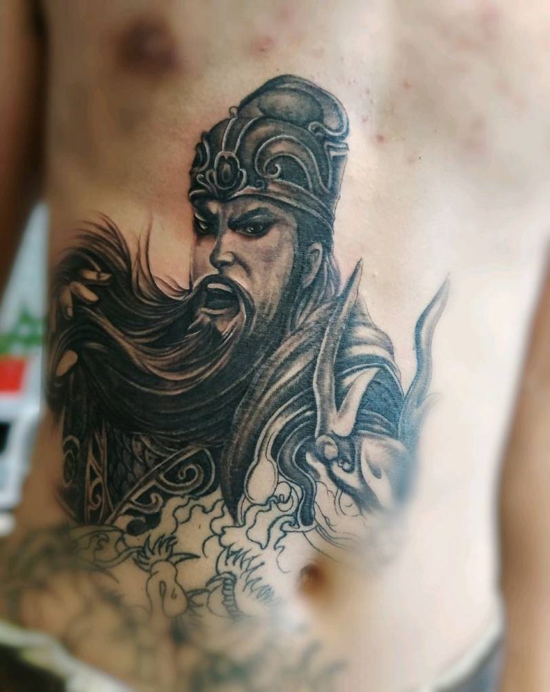 未完成关二爷纹身图片_腹部新传统纹身图案