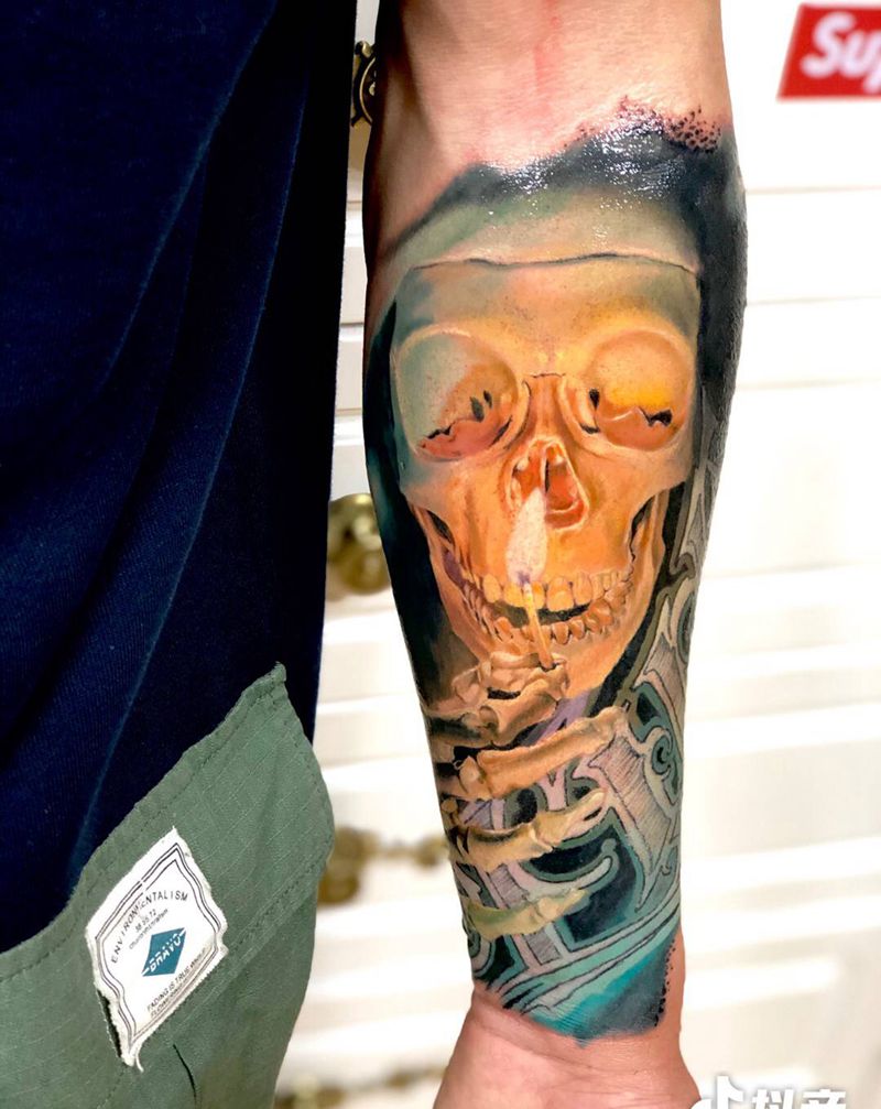 fuck骷髅和火柴纹身图片_手臂欧美写实纹身图案