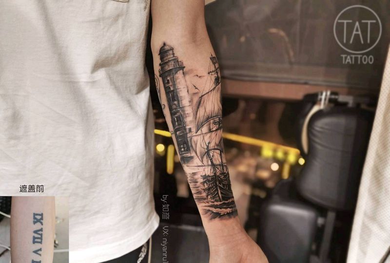 灯塔遮盖纹身纹身图片_欧美写实纹身图案