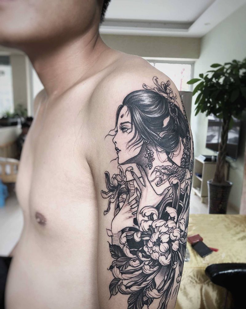 女武士纹身图片_肩部纹身图案