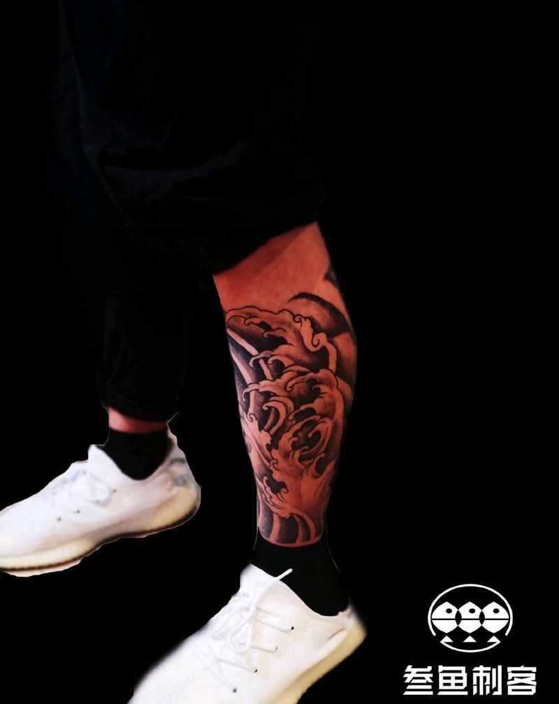 浪花包小腿纹身图片_腿部浪花纹身图案