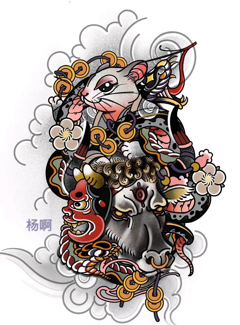 生肖全家福大臂纹身图片_手臂老传统Old School生肖原创设计纹身图案