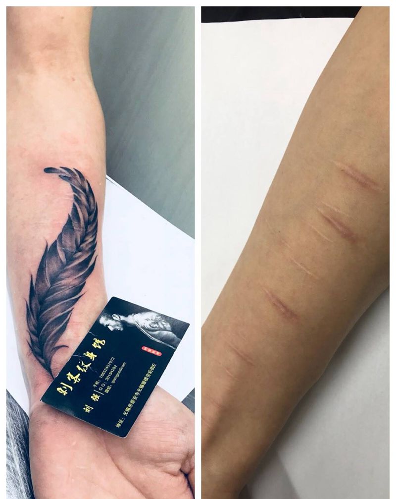 羽毛。遮盖疤痕纹身图片