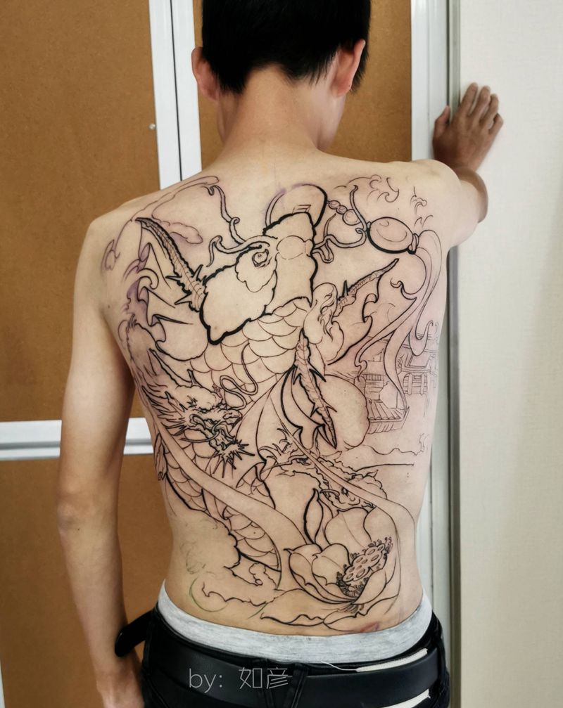 鲤鱼龙门—满背进度纹身图片_新传统纹身图案