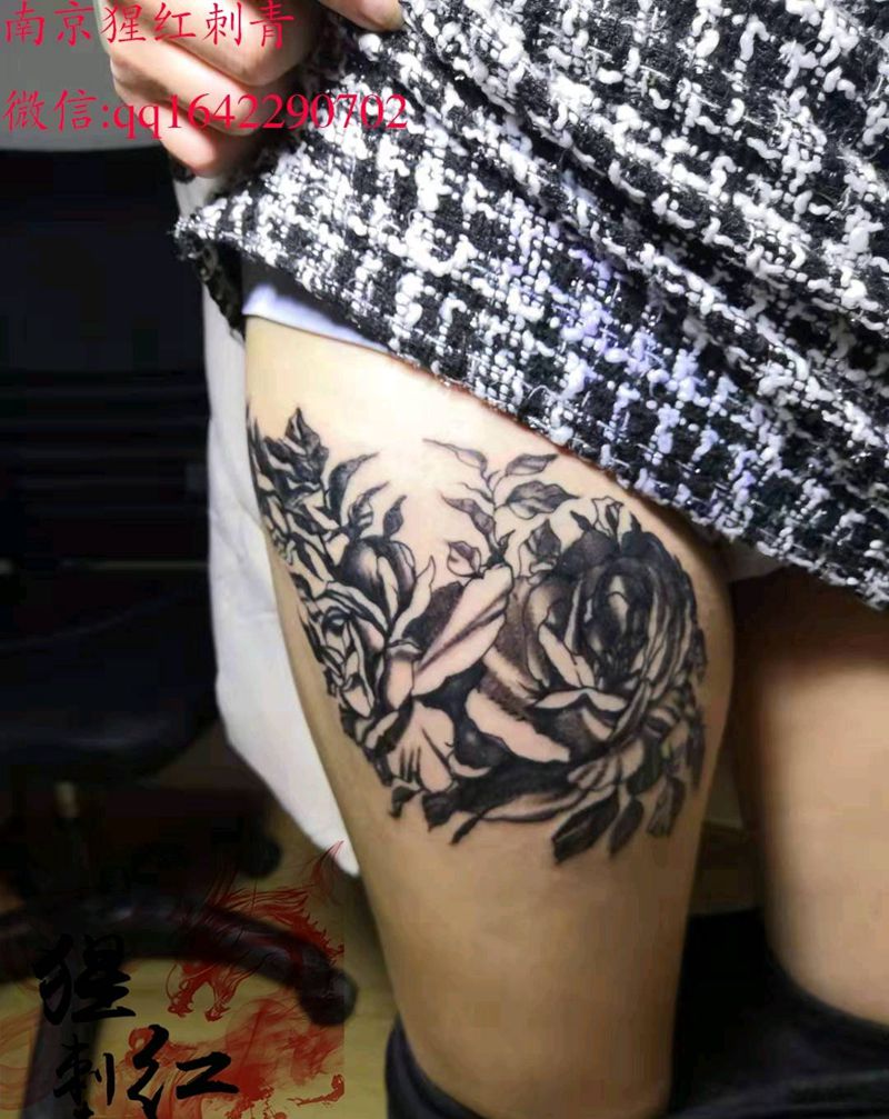 素花纹身图片_腿部小清新纹身图案