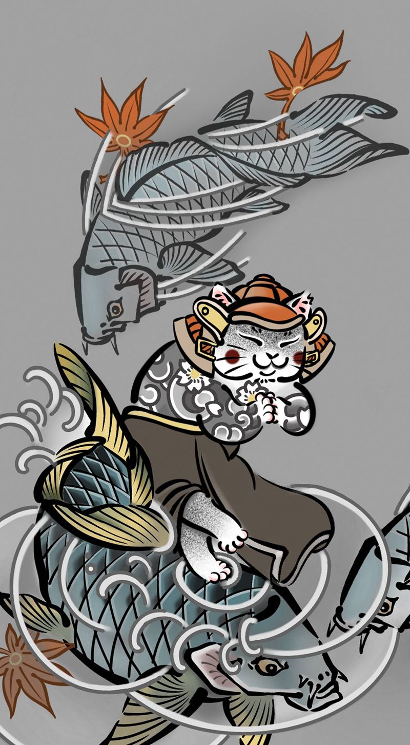 原创纹身图稿设计（可约）纹身图片_手臂腹部新传统老传统招财猫锦鲤日式可爱纹身图案