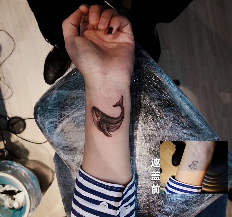 鲸落遮盖旧图纹身图片_手臂点刺鲸落遮盖纹身图案