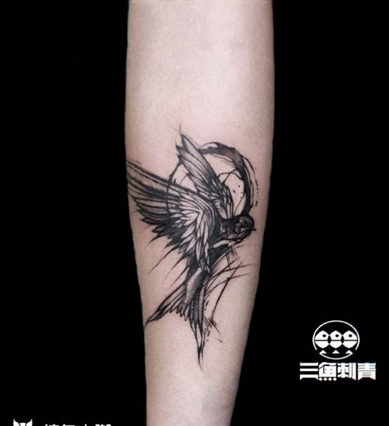 点刺.飞燕纹身图片_手臂点刺飞燕纹身图案
