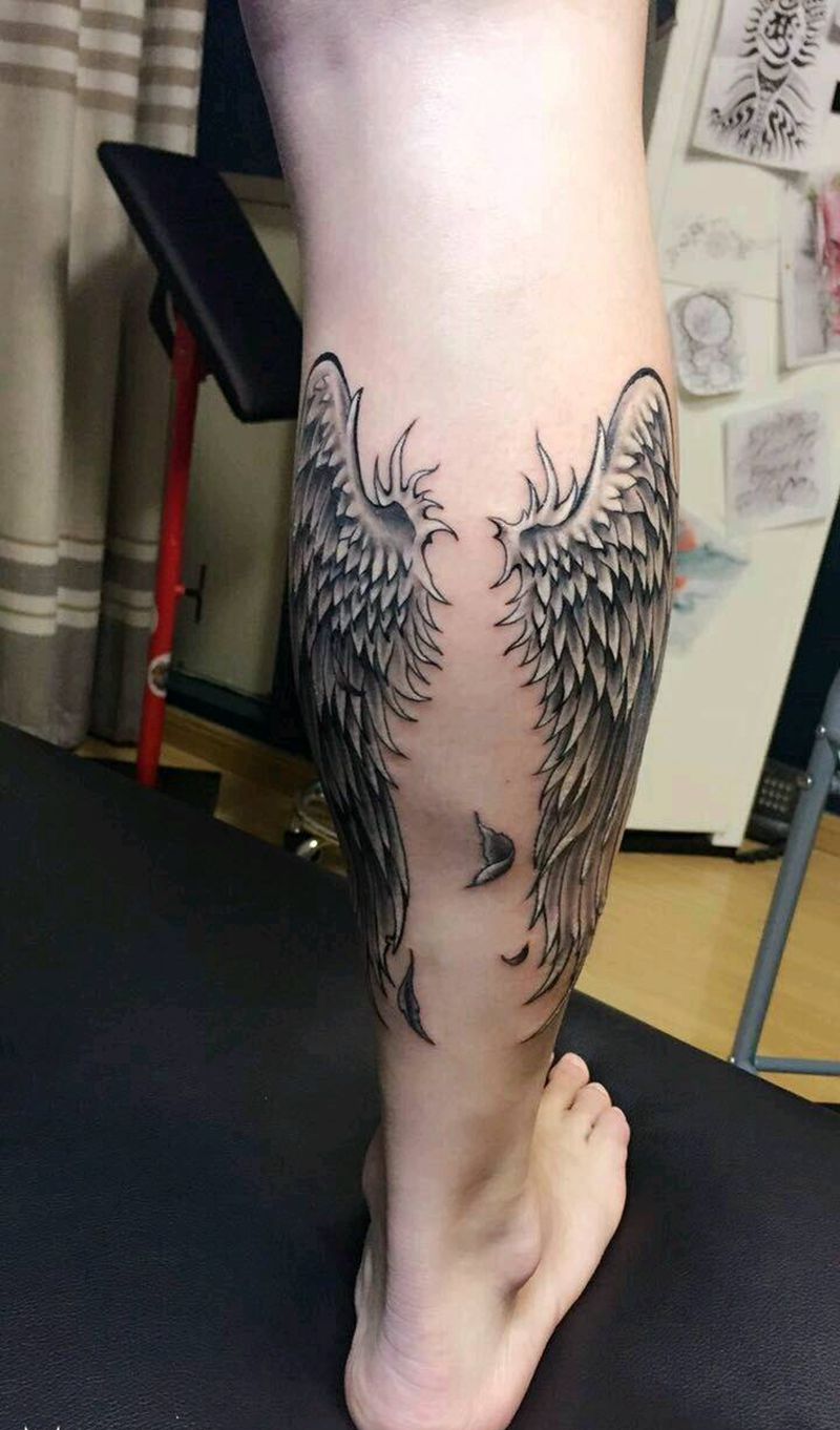 小腿翅膀纹身图片_腿部欧美清新贴纸静物宗教成品纹身图案