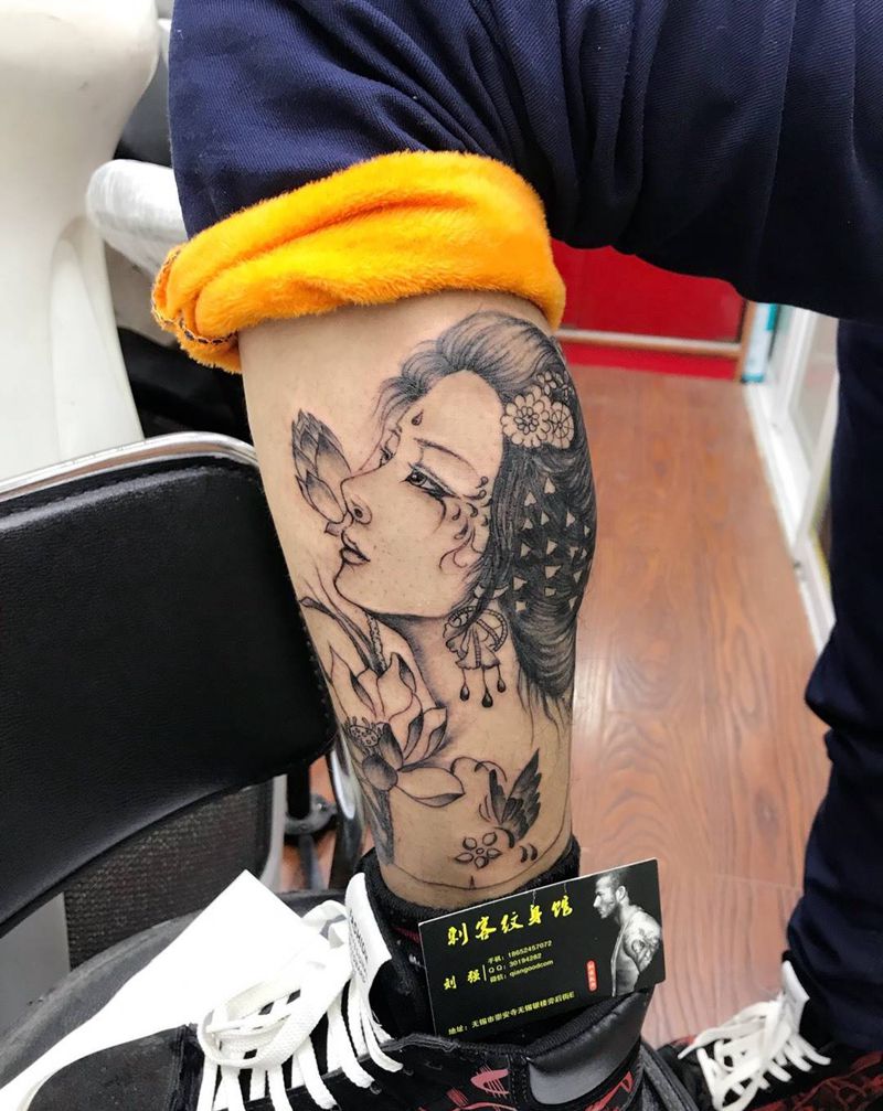 小腿。艺妓纹身图片
