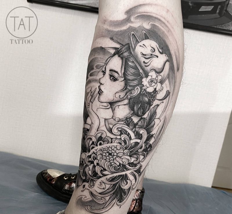 传统 艺伎纹身图片_腿部纹身图案