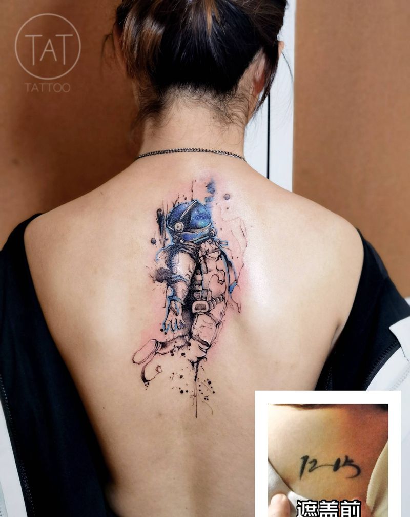 宇航员 遮盖纹身图片_水彩水墨纹身图案