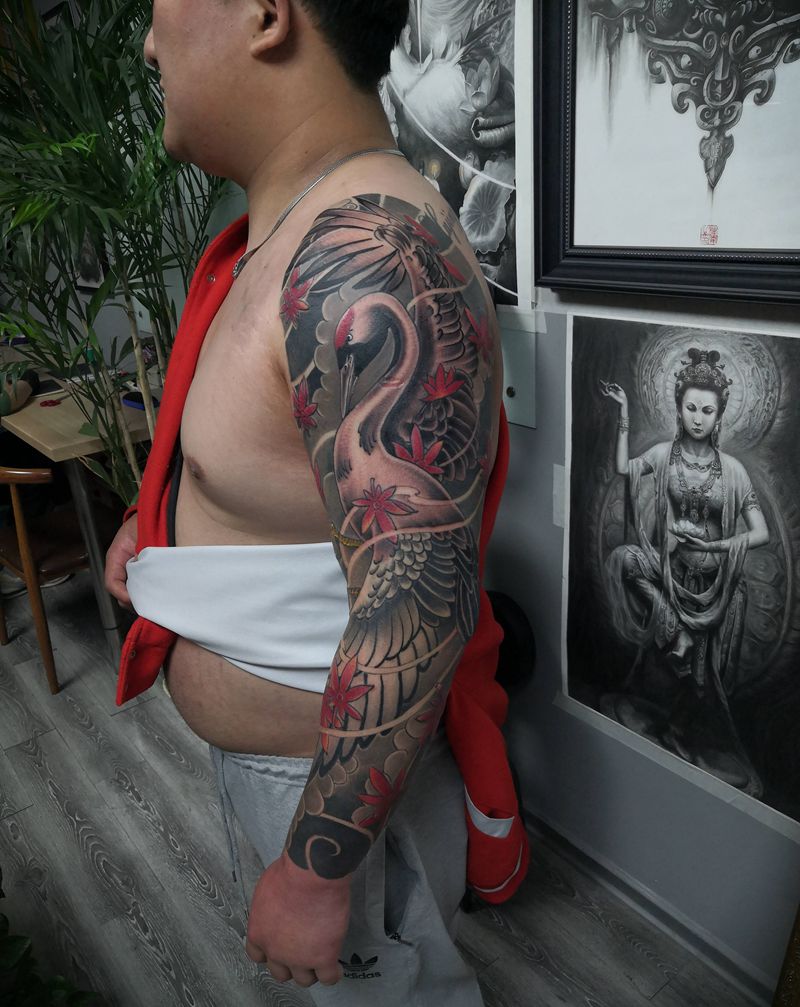 老传统仙鹤纹身图片_手臂老传统纹身图案