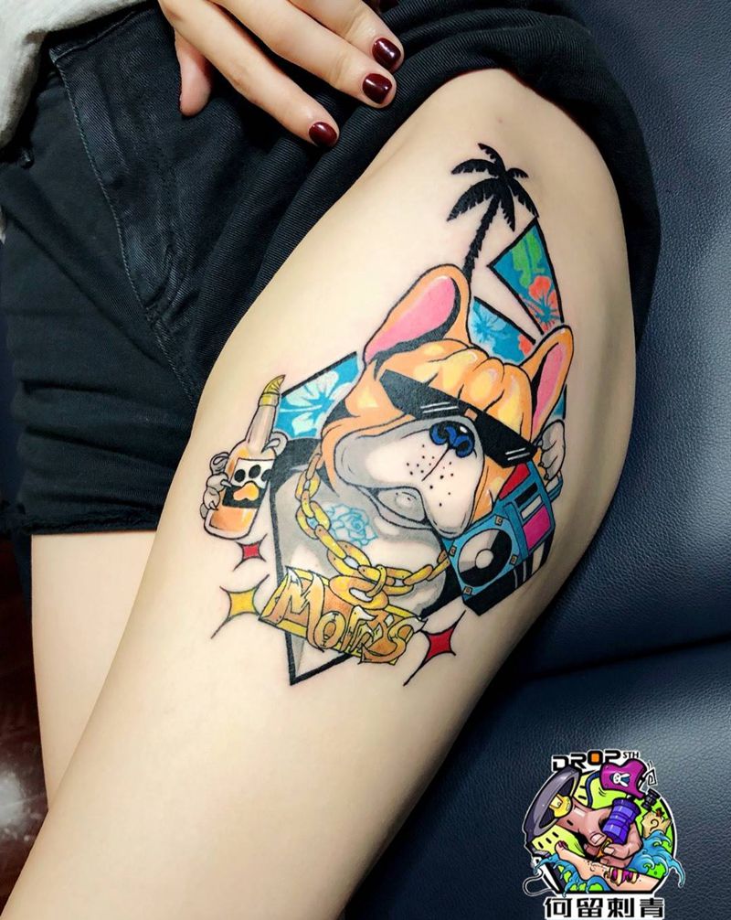 西海岸风格法斗纹身图片_腿部新传统New School纹身图案