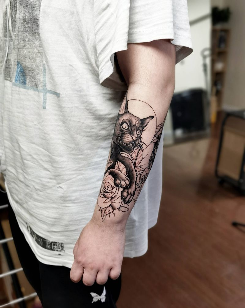 花臂猫部分纹身图片_手臂New School纹身图案
