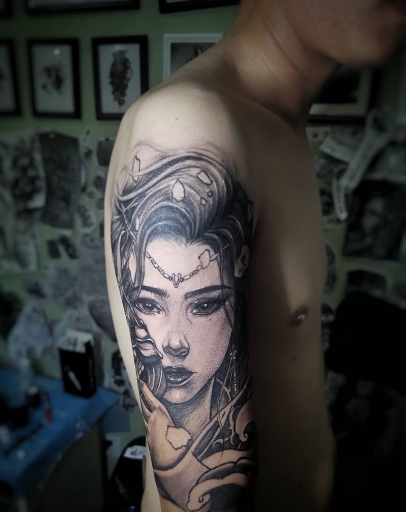 艺伎般若纹身图片_肩部纹身图案