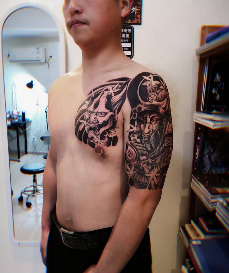 武士半甲遮盖纹身图片_手臂肩部半甲武士纹身图案