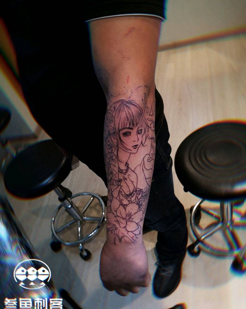 艺妓（先割线条）纹身图片_手臂新传统艺妓纹身图案