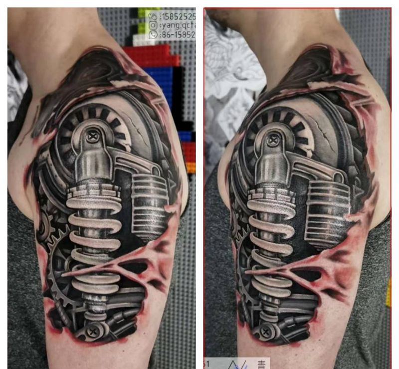 青臣刺青写实欧美部分作品纹身图片_手臂胸部欧美写实狮子机械臂欧美纹身图案