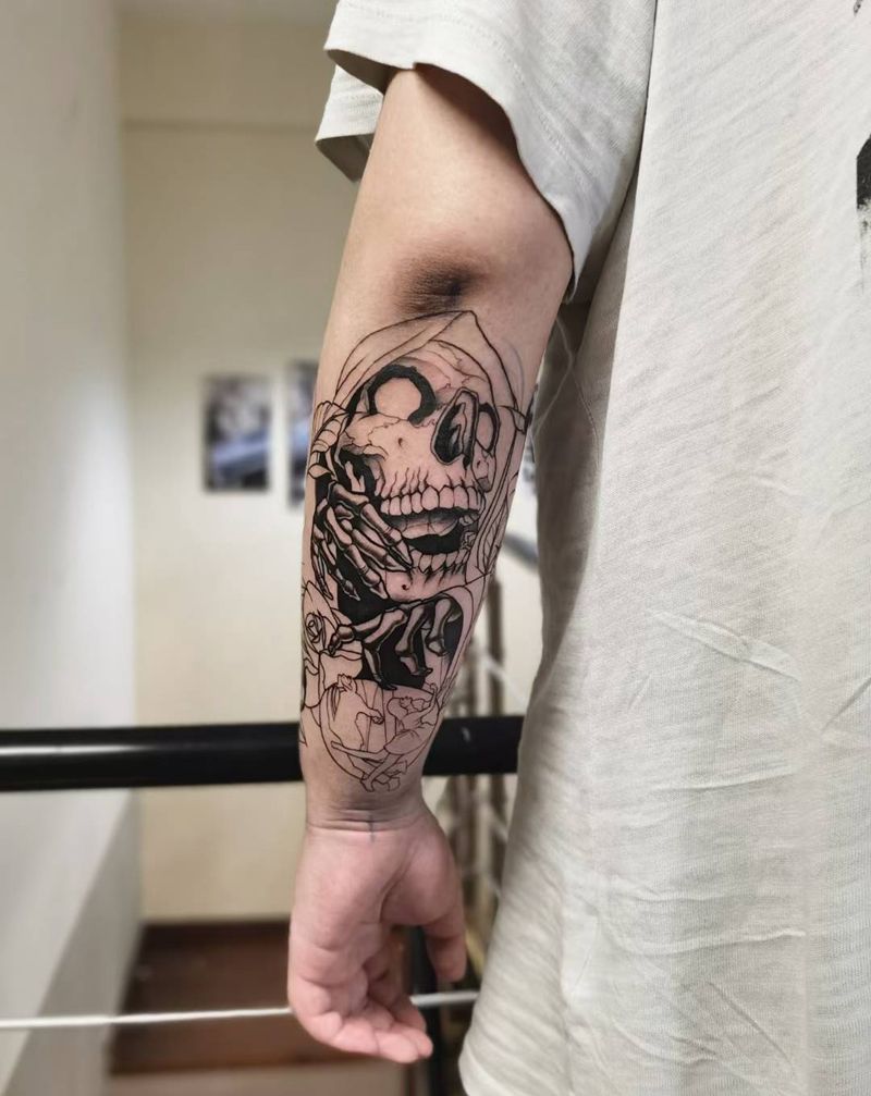 花臂骷髅部分纹身图片_New School纹身图案