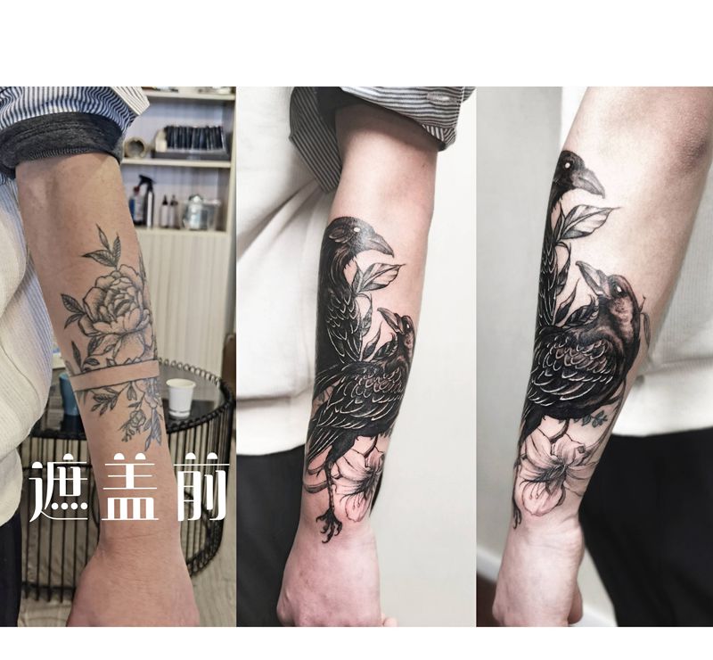 乌鸦遮盖纹身图片_欧美写实纹身图案