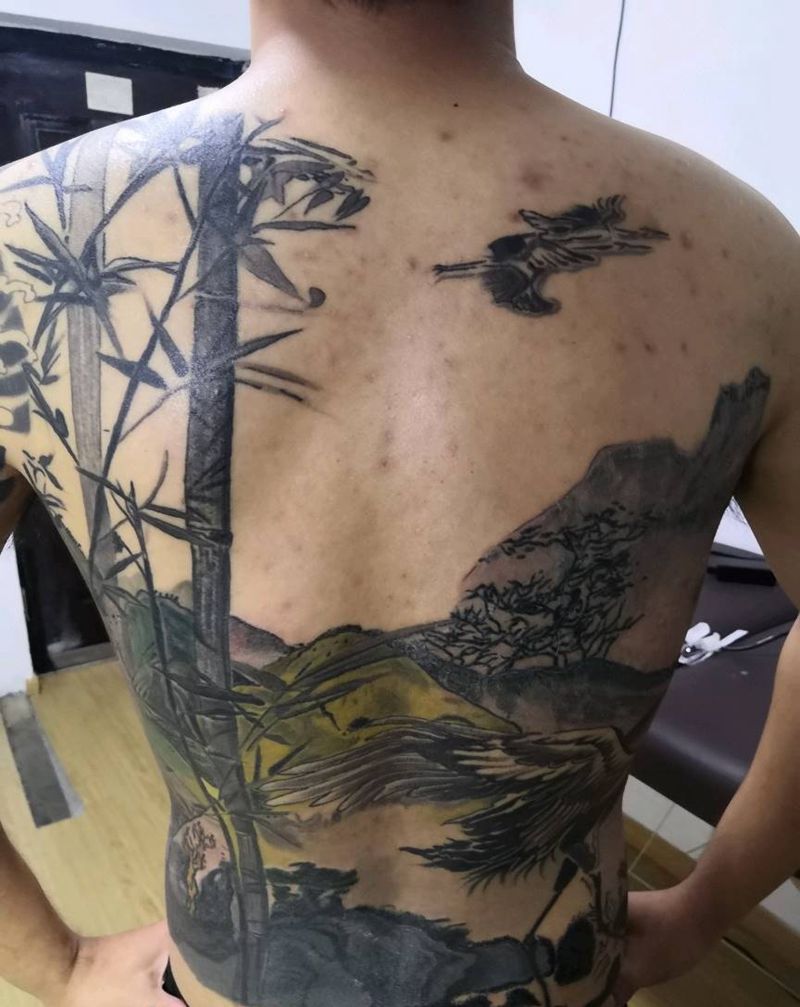 竹子开花节节升鹤报平安福自来纹身图片_背部水彩纹身图案