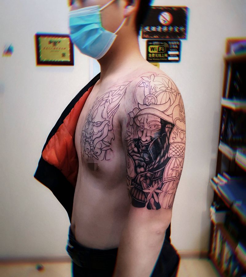 半甲鬼武士纹身图片_手臂胸部鬼武士半甲纹身图案