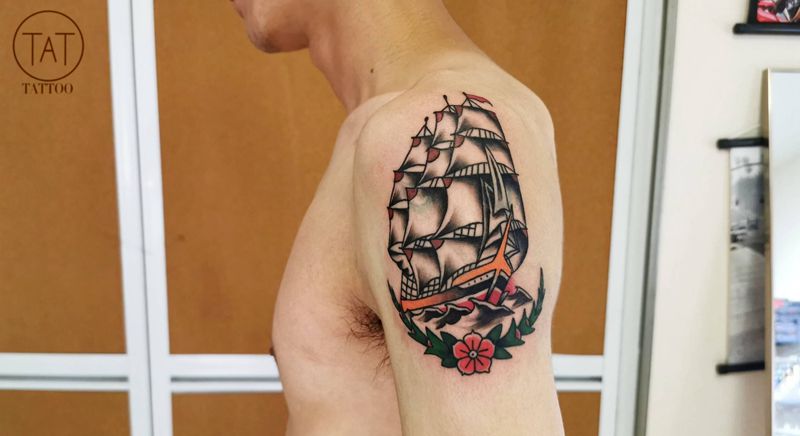 old school帆船遮盖纹身图片_Old School纹身图案