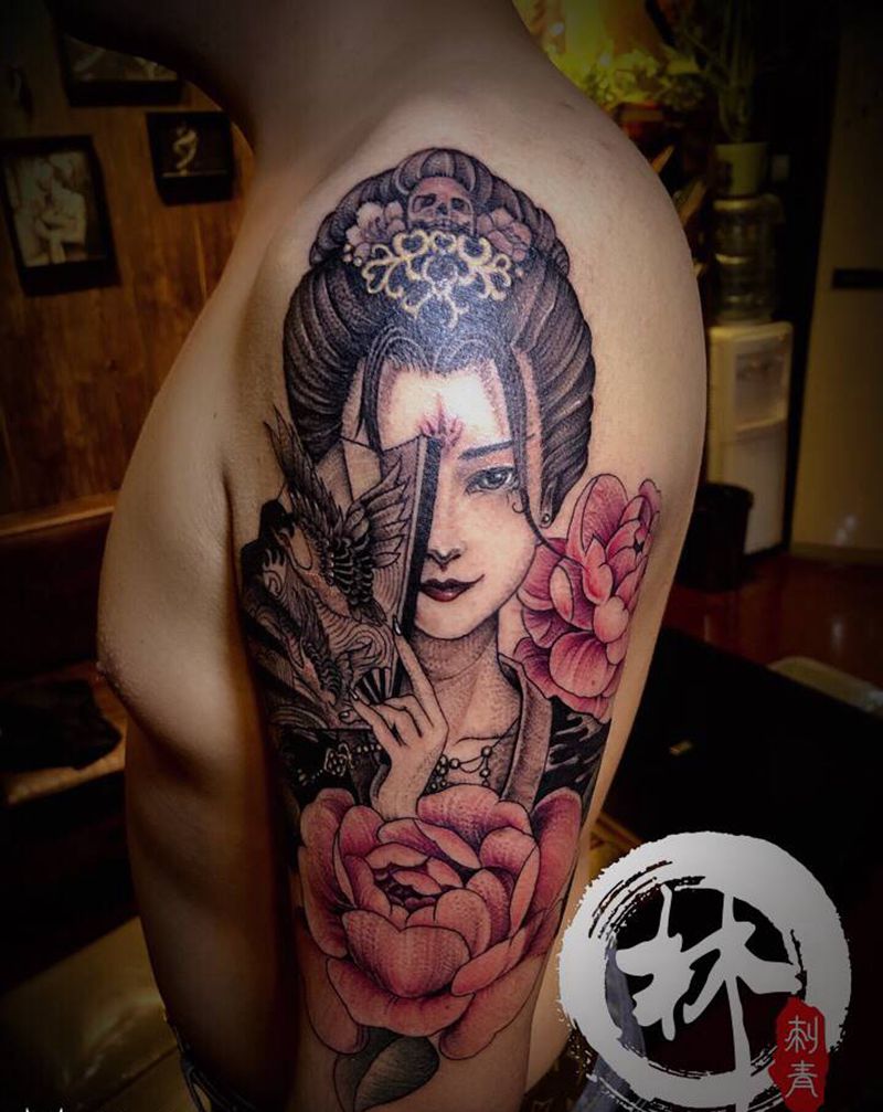 艺妓纹身图片_手臂新传统纹身图案