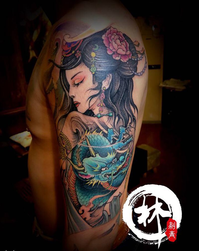 艺妓纹身图片_手臂新传统纹身图案