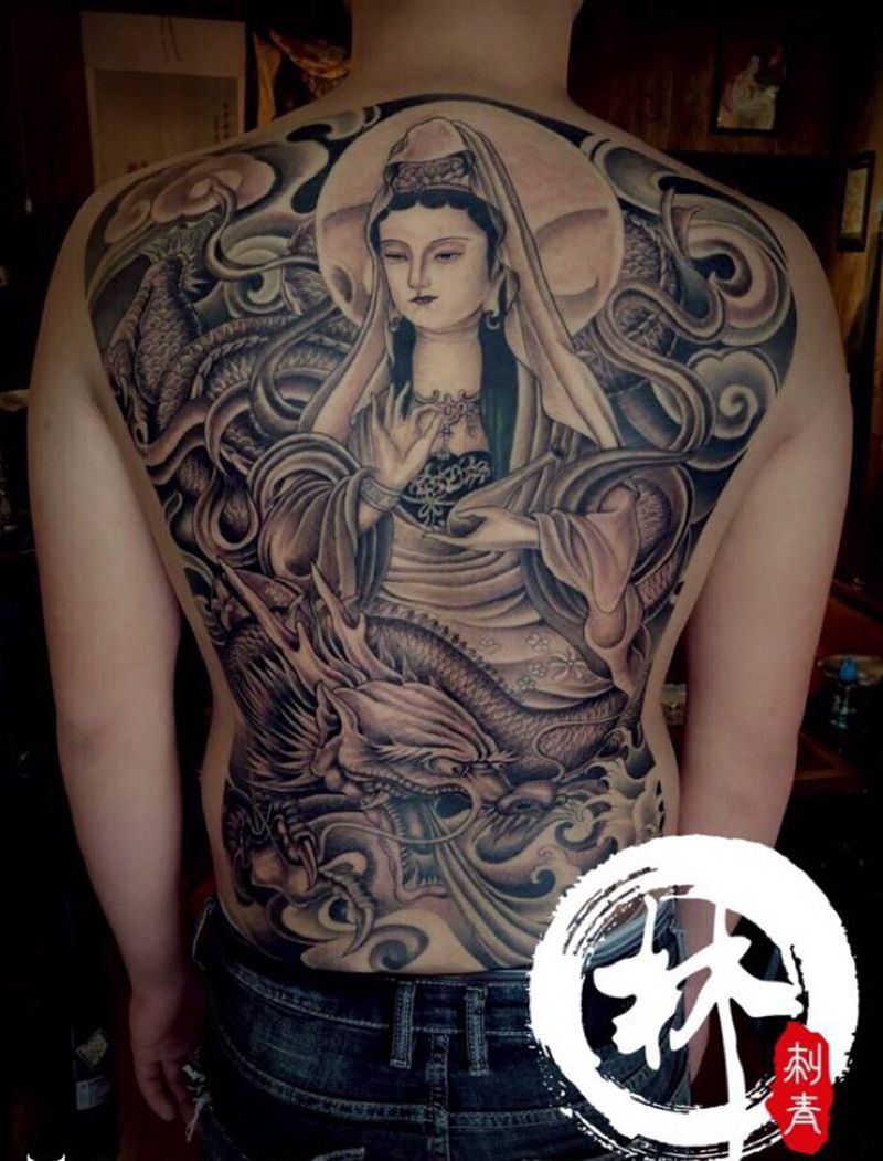 观音纹身图片_背部新传统纹身图案