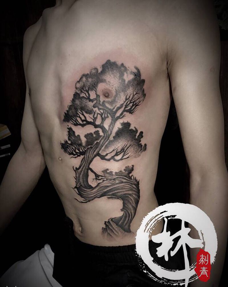 树纹身图片_腹部新传统老传统纹身图案