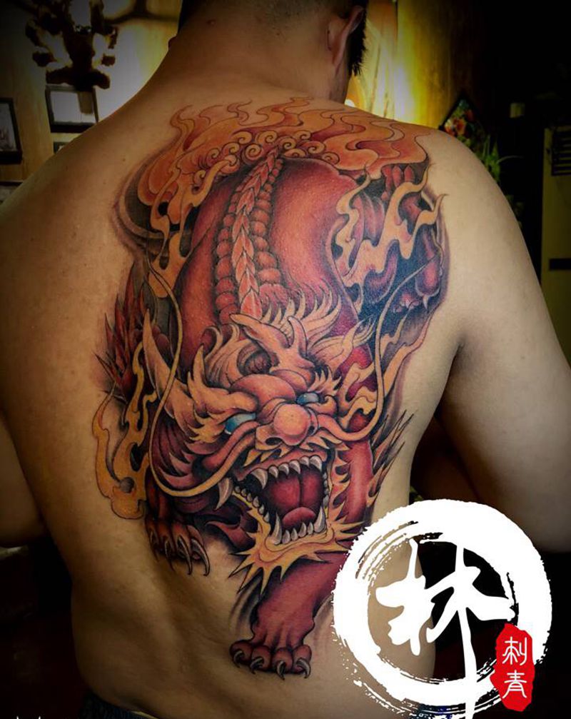 麒麟纹身图片_背部新传统老传统纹身图案