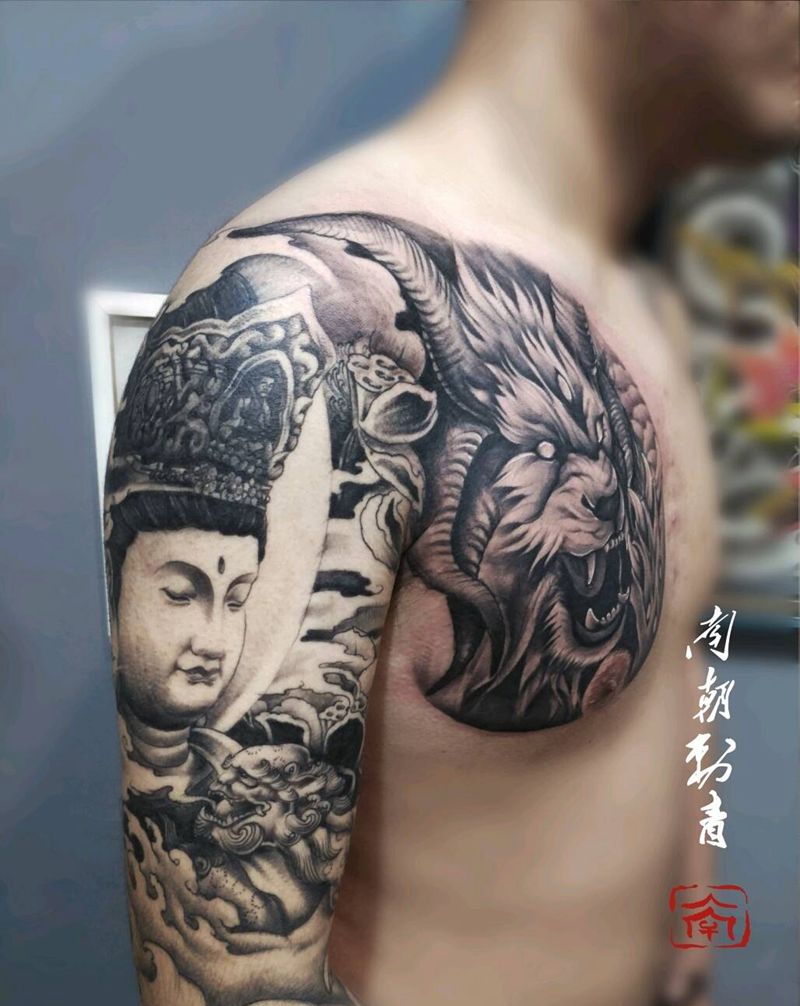 半甲纹身图片_胸部手臂新传统纹身图案