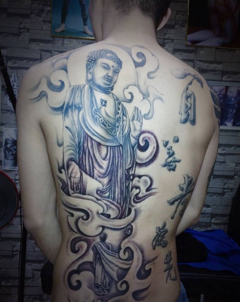 灵山大佛纹身图片_背部新传统纹身图案
