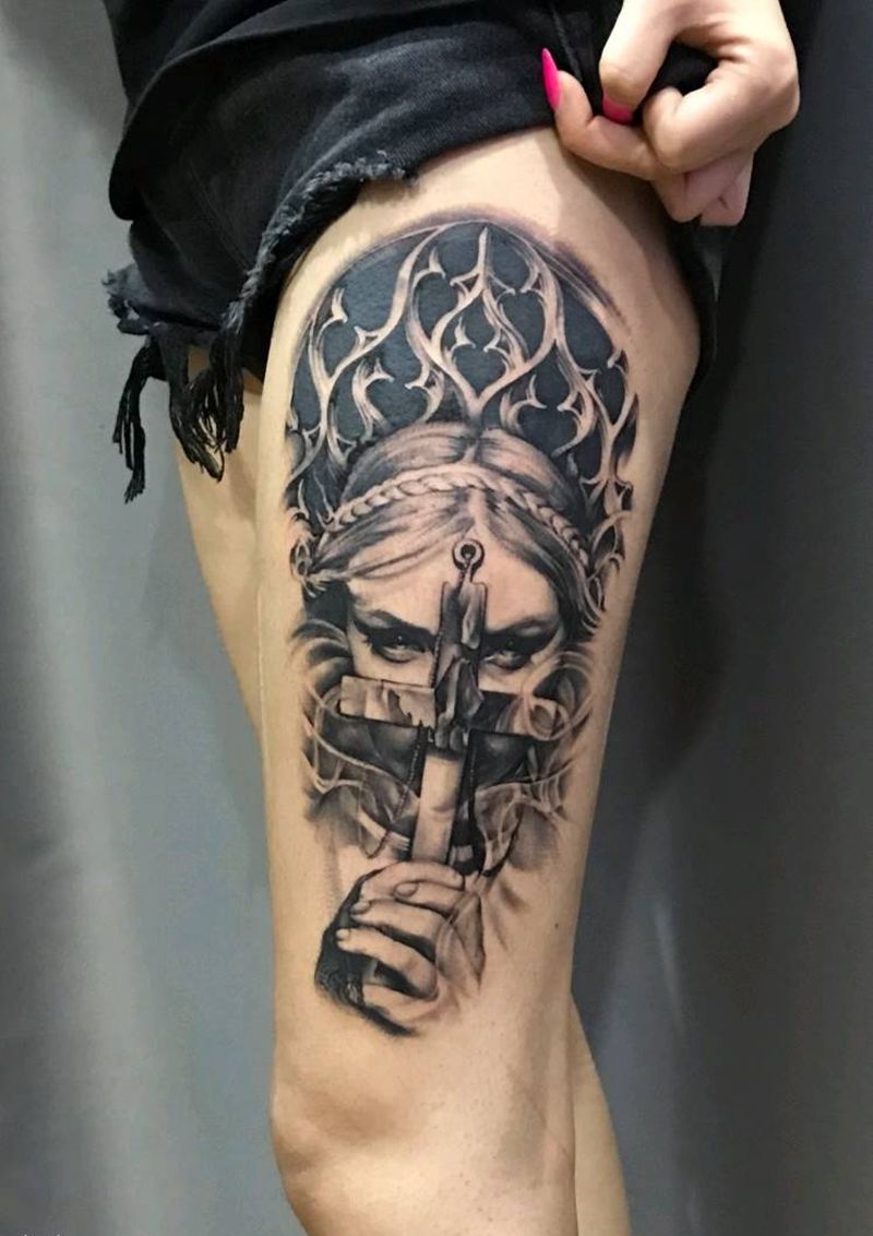 欧美花腿纹身图片_腿部欧美写实纹身图案