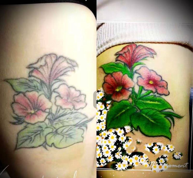 美女仙花加色，前后对比。纹身图片_肩部清新纹身图案