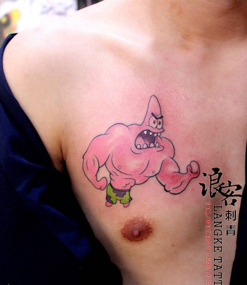 派大星纹身图片_传统胸部成品纹身图案