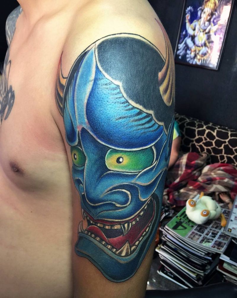 大臂彩色般若（遮盖作品）纹身图片