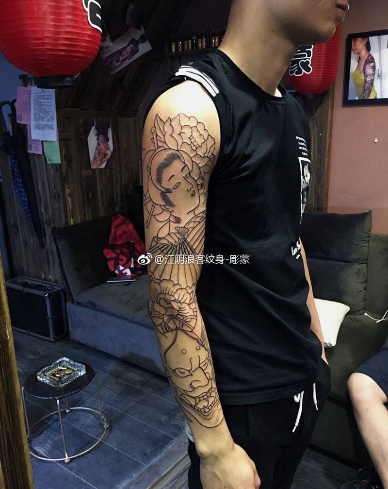 般若艺妓牡丹花纹身图片_传统花臂无锡江阴艺妓纹身图案