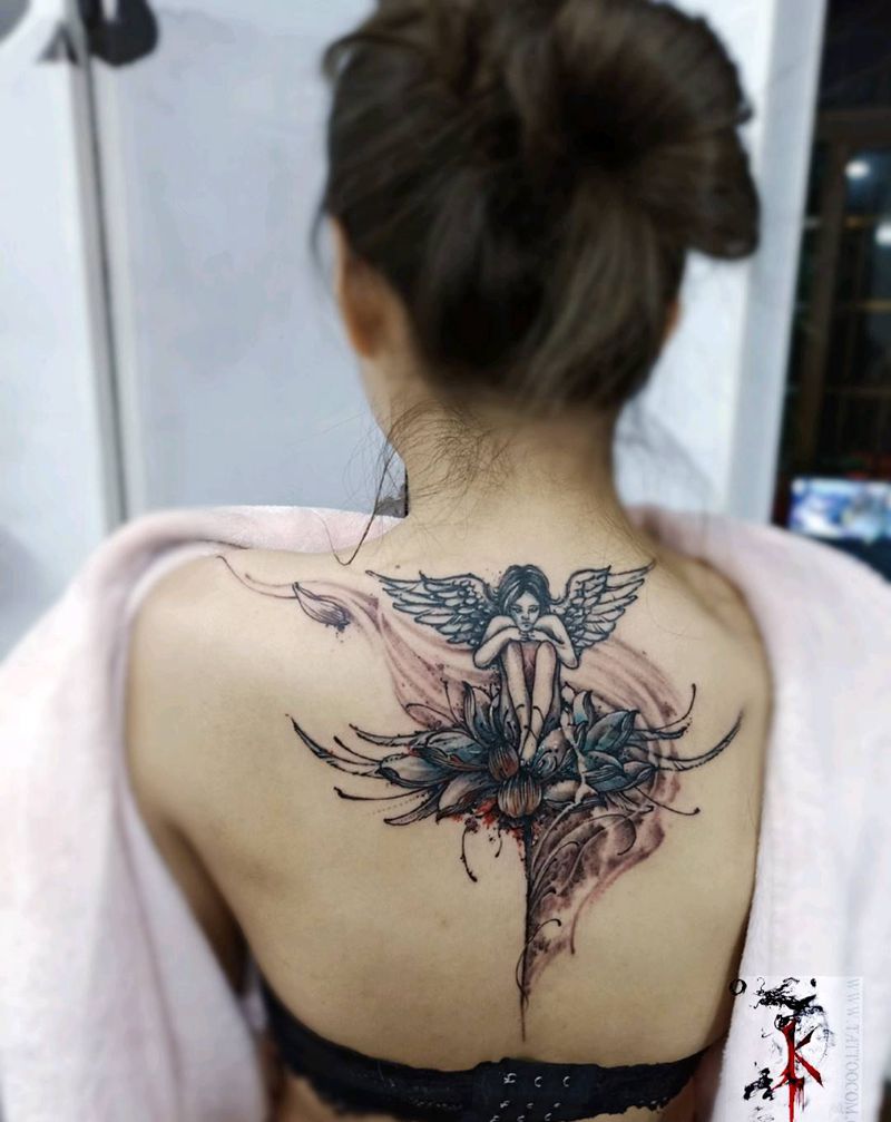 天使 莲花 修改纹身图片_背部水彩纹身图案