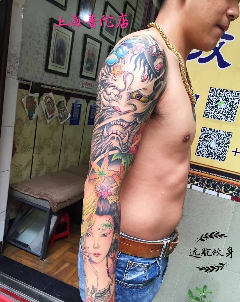 花臂纹身纹身图片_成品手臂肖像欧美鬼神原创人物纹身图案