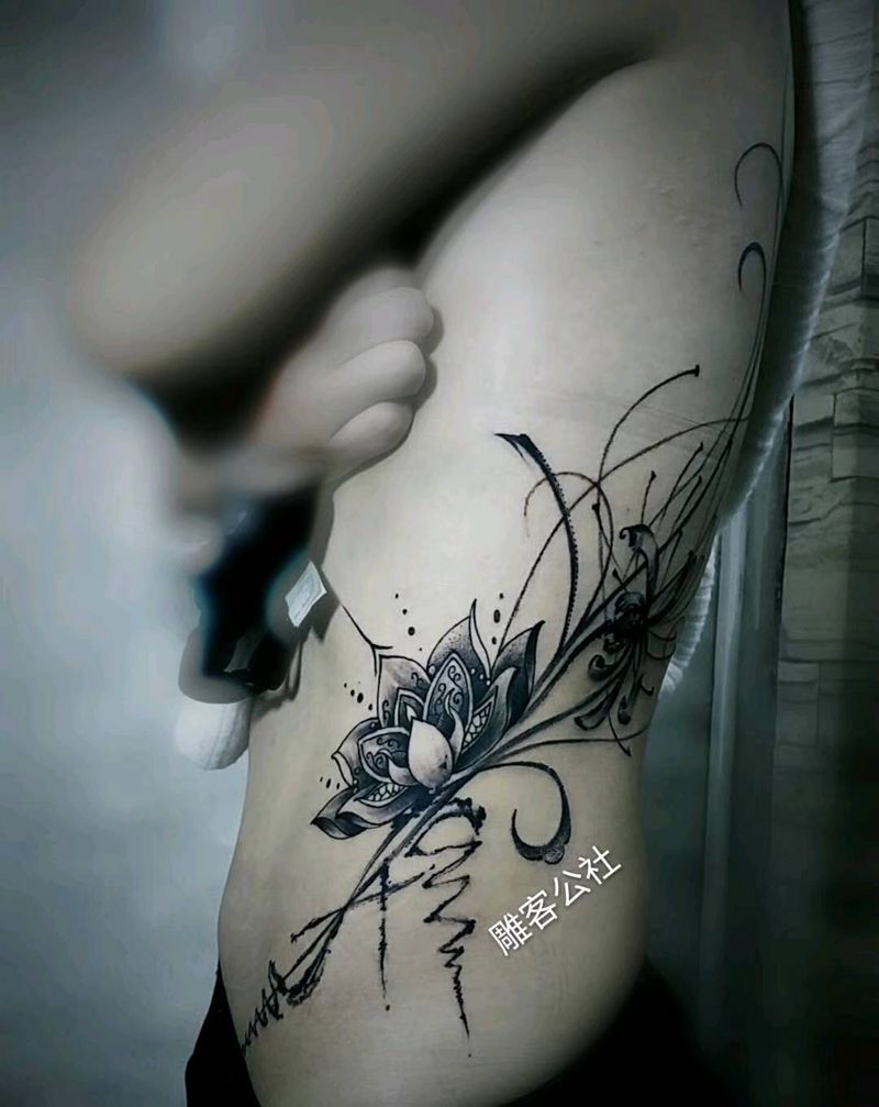 梵花纹身图片_腰部背部清新植物图腾纹身图案