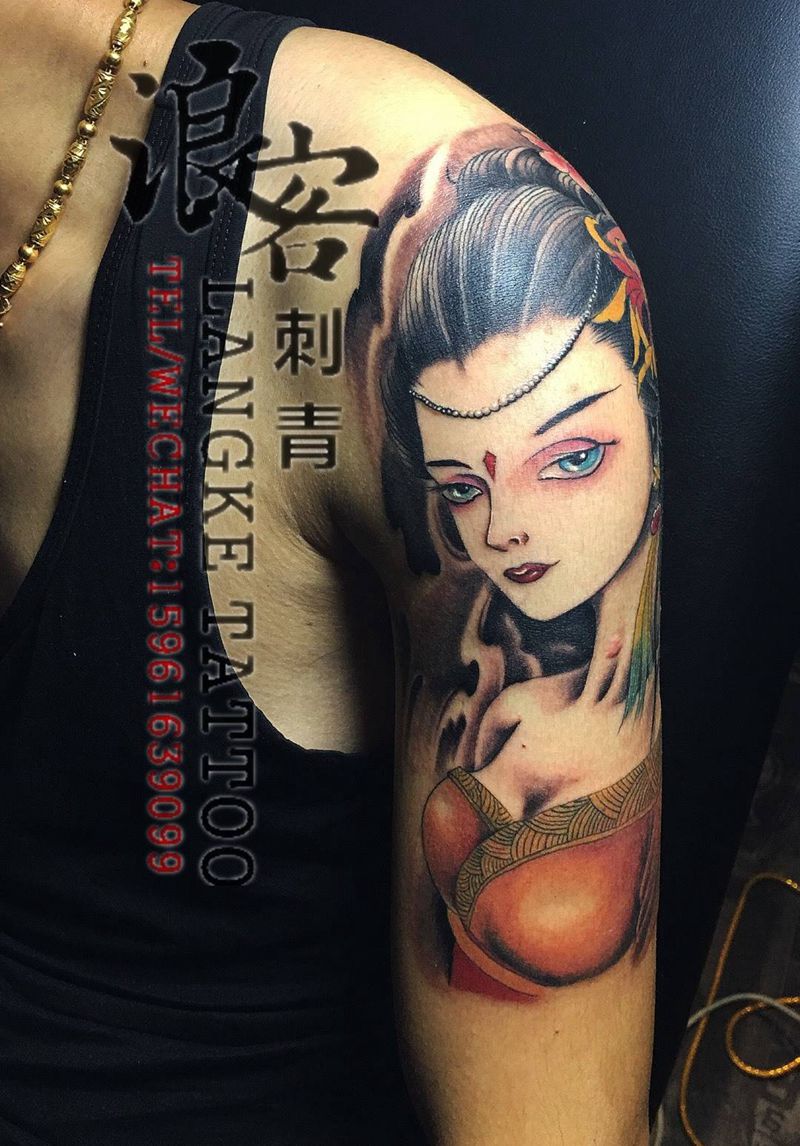 艺妓花臂纹身图片_江阴无锡花臂艺妓人物传统清新成品纹身图案