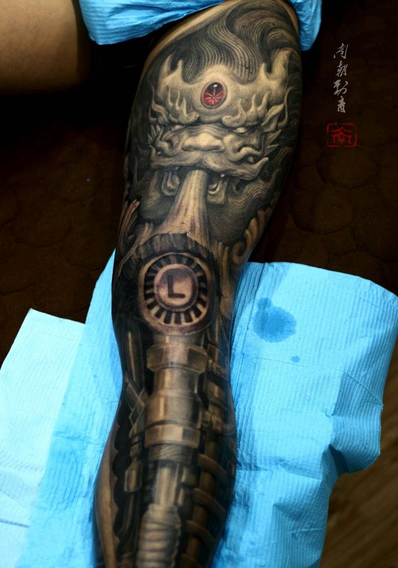 机械石雕纹身图片_腿部欧美写实纹身图案