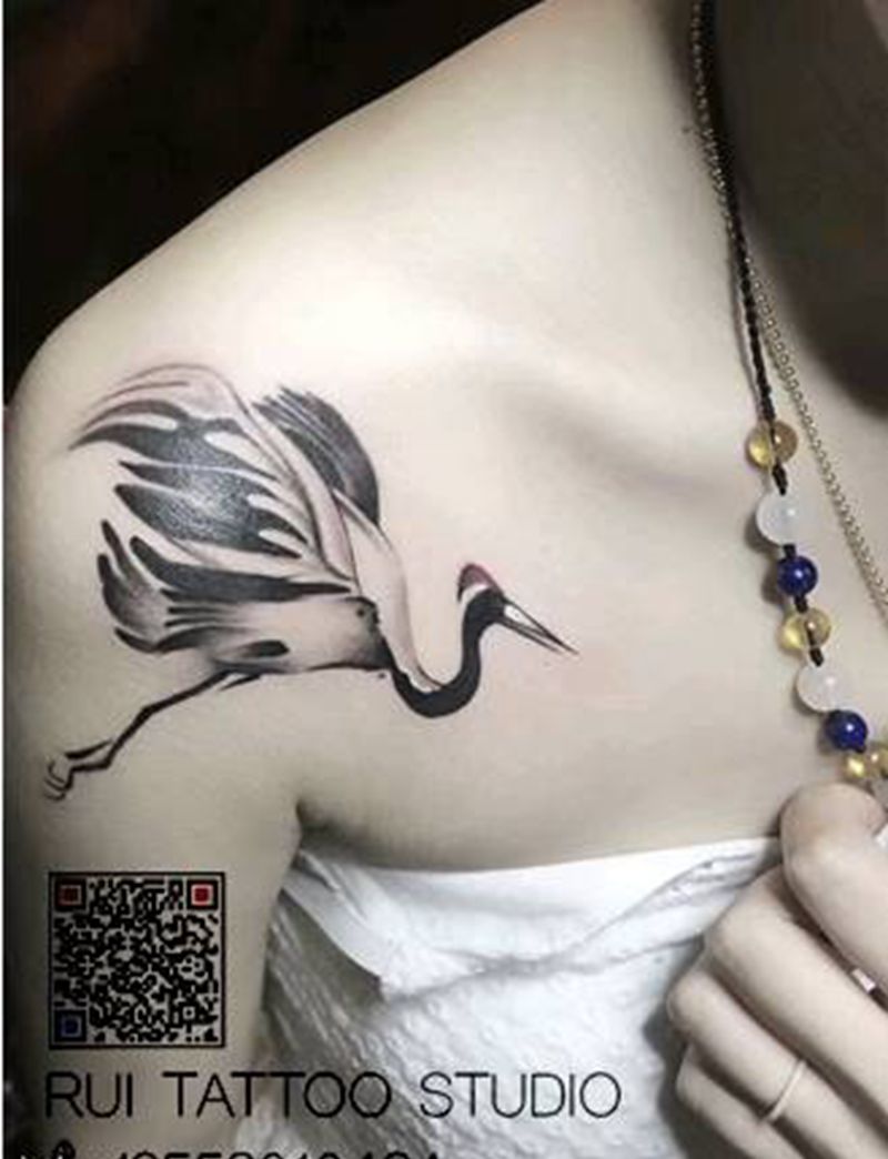 传统仙鹤完成纹身图片_新传统纹身图案