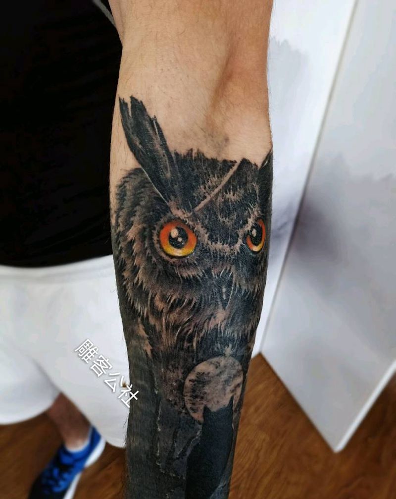 猫头鹰遮盖纹身图片_手臂欧美写实纹身图案